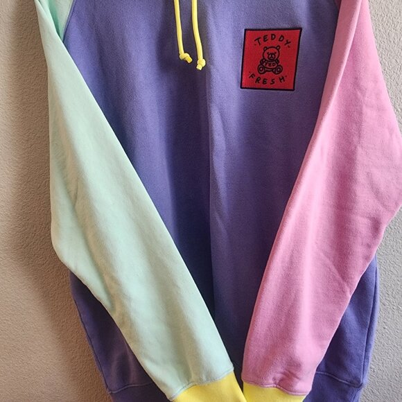 Teddy Fresh Hoodie Mens Medium Pullover Pastel Colorblock Purple Pink Blue Yello - Picture 8 of 11